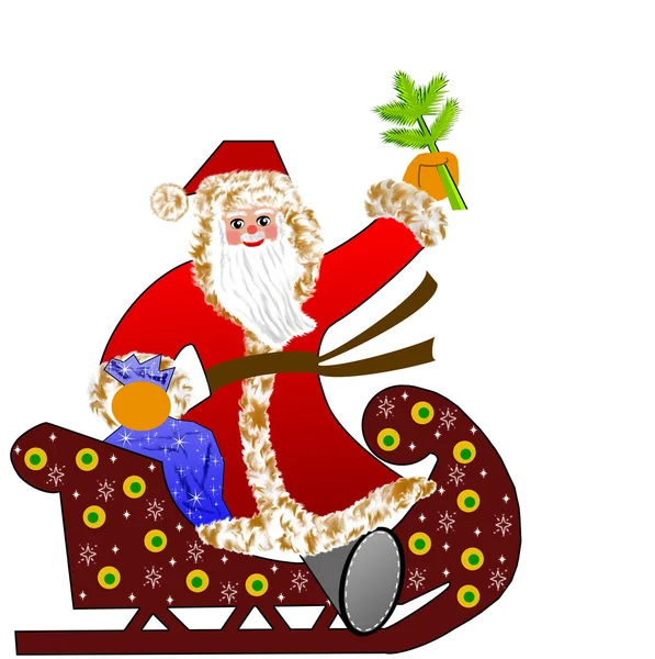 Jultomte med säcken av gåvor i slädar — Stockfoto
