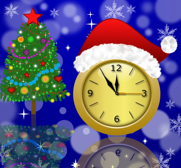 Clock with a new-year cap and fir-tree decorated — Stock Photo, Image