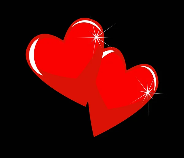 Two bright red hearts on a black background — Stock Vector