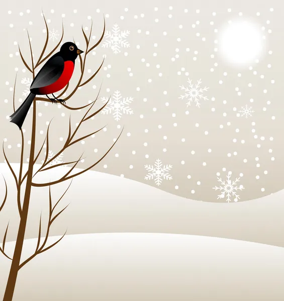 Winter landscape with a bird bullfinch — Stock Vector