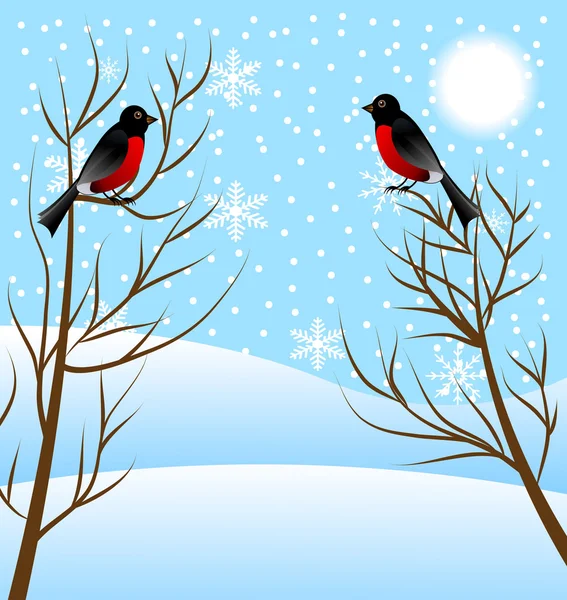 Paisagem de inverno com aves bullfinch — Vetor de Stock