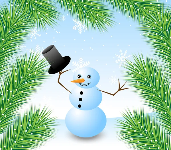 Homem de neve divertido e ramos de abeto fofo —  Vetores de Stock