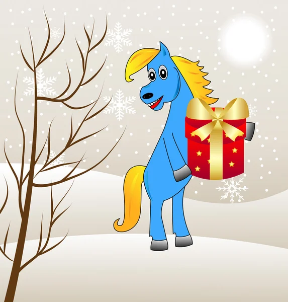 Blue horse with a gift — Stock Vector