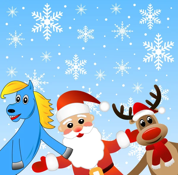 蓝色的马，圣诞老人和鹿 — 图库矢量图片