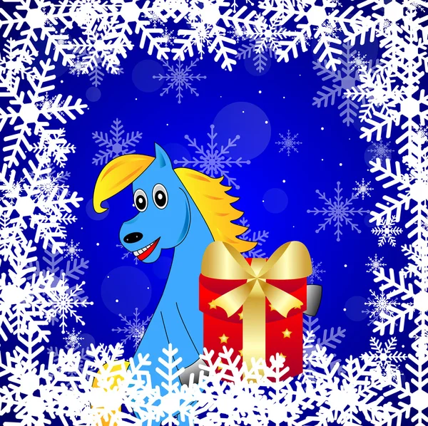 Cheval bleu avec un cadeau — Image vectorielle