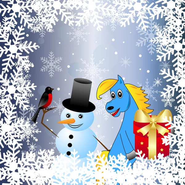 Caballo azul y hombre de nieve — Vector de stock