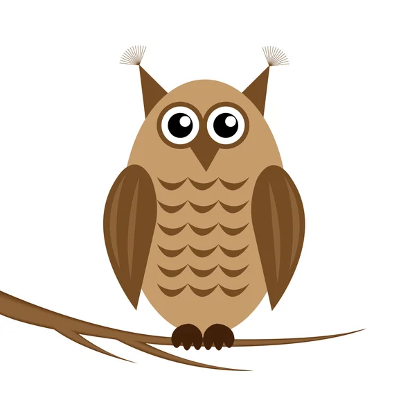 The drawn owl on a white background sits on the branch of tree — Stock Vector