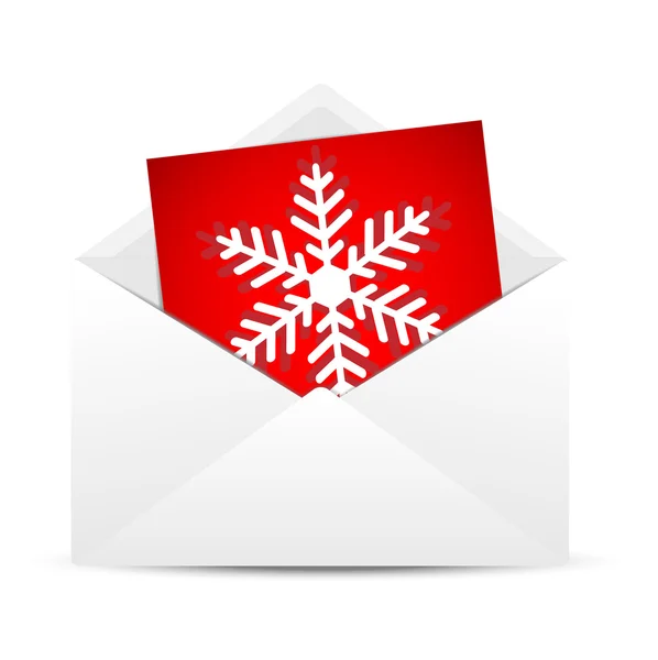 Envelop met een rood papier blad en getekende sneeuwvlok — Stockvector