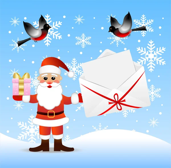 Babbo Natale con un regalo e una busta con congratulazioni in mano — Vettoriale Stock