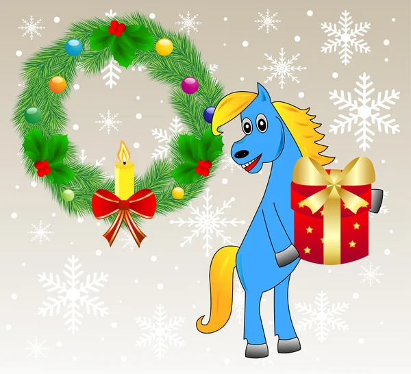 Caballo azul con un regalo — Vector de stock