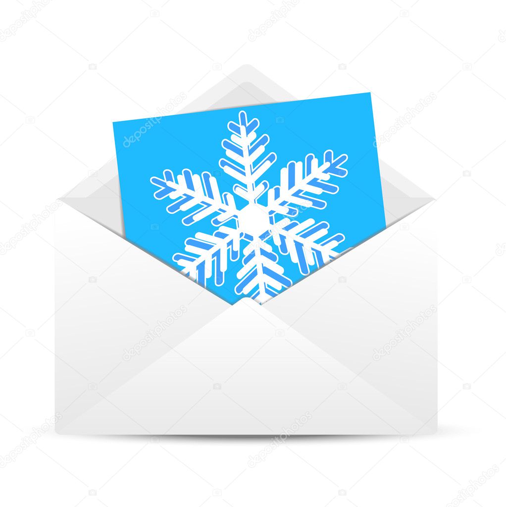 Envelope with a blue paper sheet and drawn snowflake