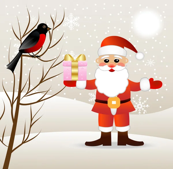 Santa claus with a gift and bird bullfinch — Stock Vector