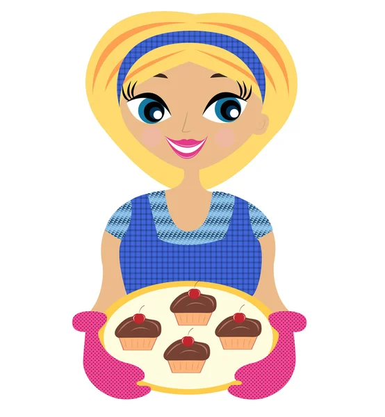 Junge Frau mit Kuchen in der Hand, Vektorillustration — Stockvektor