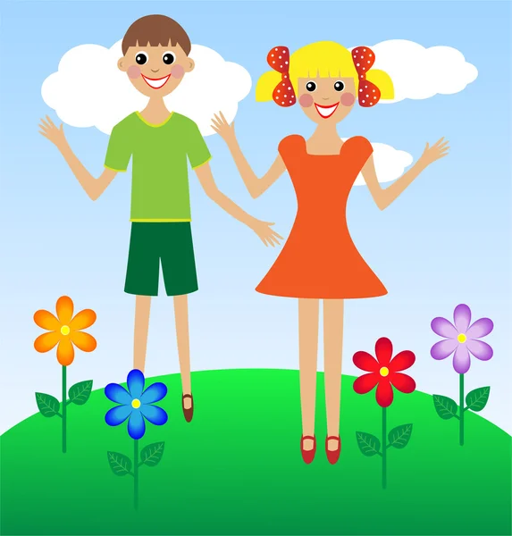 Merry girl and boy in summer on lawn — Stock Vector