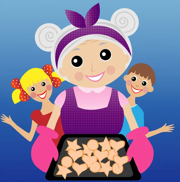 La abuela prepara un delicioso postre para los nietos — Vector de stock