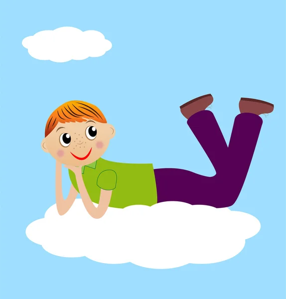 Alegre chico mentira en nube — Vector de stock