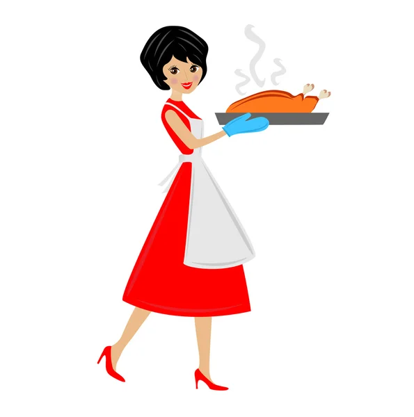 Kadın kızarmış tavuk hazırlama — Stok Vektör