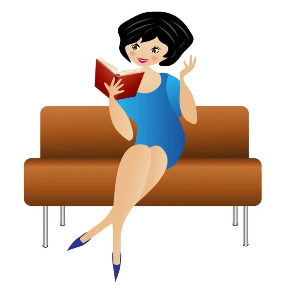 Kvinna sitter på en soffa läser en bok — Stock vektor