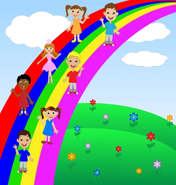 Criança vai dar uma volta no arco-íris — Vetor de Stock