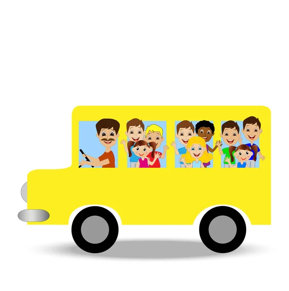 Sok kis gyermeket, a sárga busz — Stock Vector