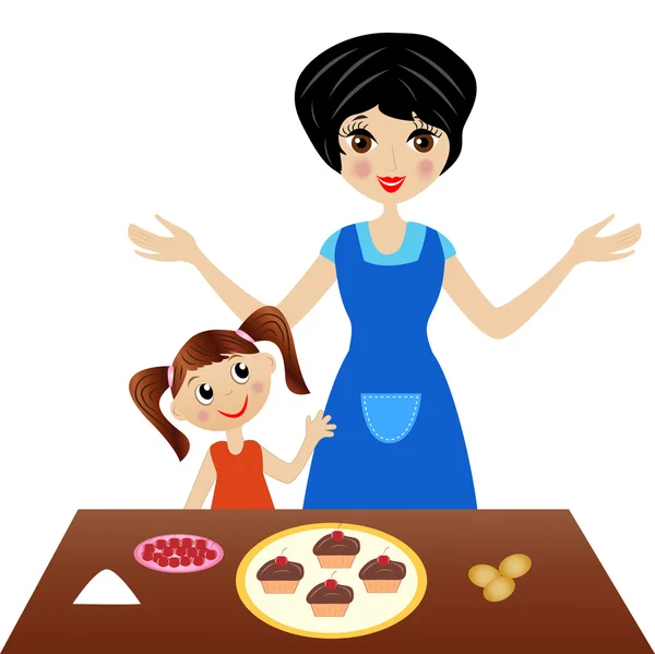 Mère avec petite fille préparer délicieux gâteau — Image vectorielle