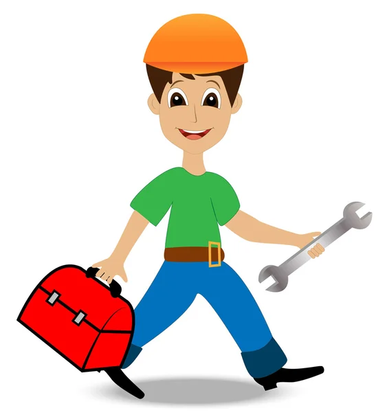 Merry man builder with a gripsack and wrench in hands — Stock Vector