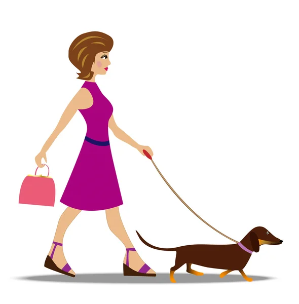 Ung kvinna på promenad med hund — Stock vektor