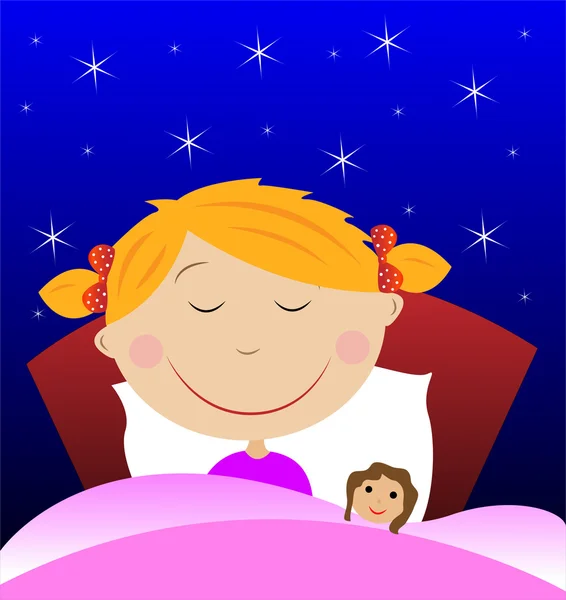 Petite fille dormir sous la couverture avec poupée — Image vectorielle