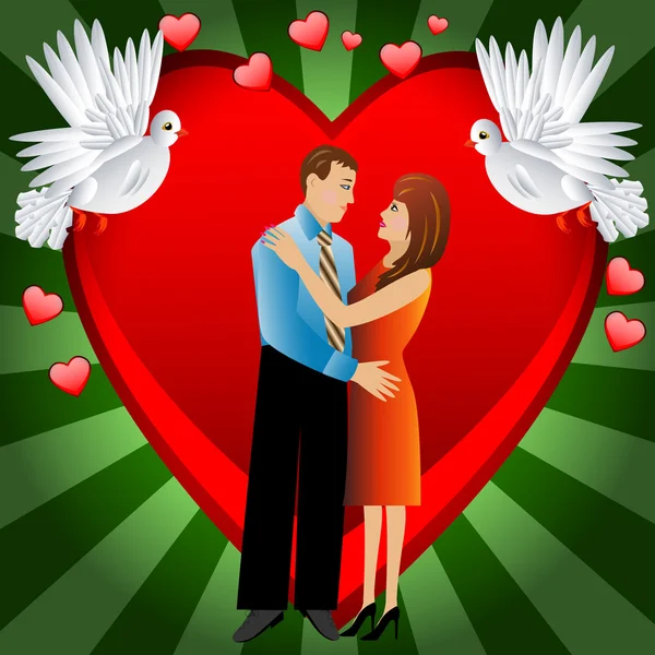 Jovem casal amoroso em um fundo um coração — Vetor de Stock