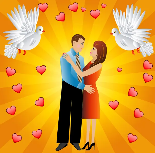 Jeune couple aimant et deux caresses blanches — Image vectorielle