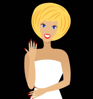 güzel bir kadın elmas yüzük bir yandan gösterir.