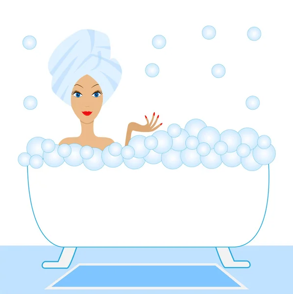 Young woman take a bath with foam — Stock Vector