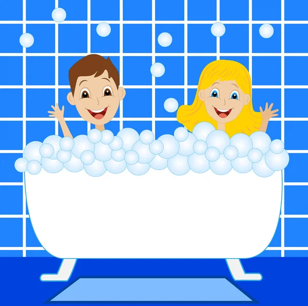 A little girl and boy bath in bath with foam — Stock Vector