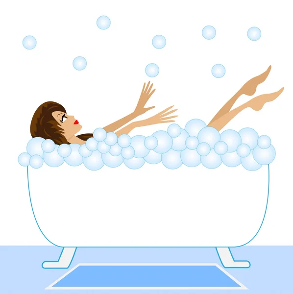 Ung kvinna ta ett bad med skum — Stock vektor