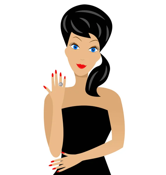Eine schöne Frau zeigt einen Diamantring an einer Hand — Stockvektor