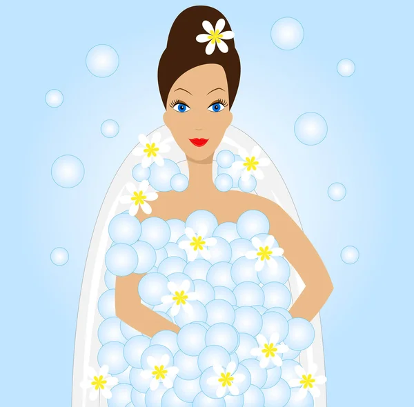 年轻女子洗澡用泡沫 — 图库矢量图片
