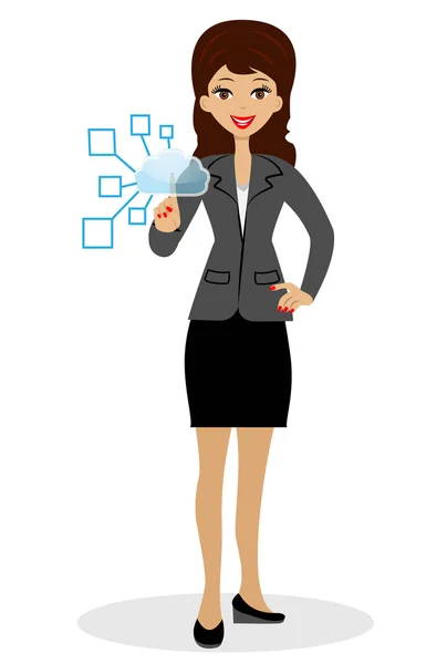 A business woman presses an index finger the virtual button — Stock Vector
