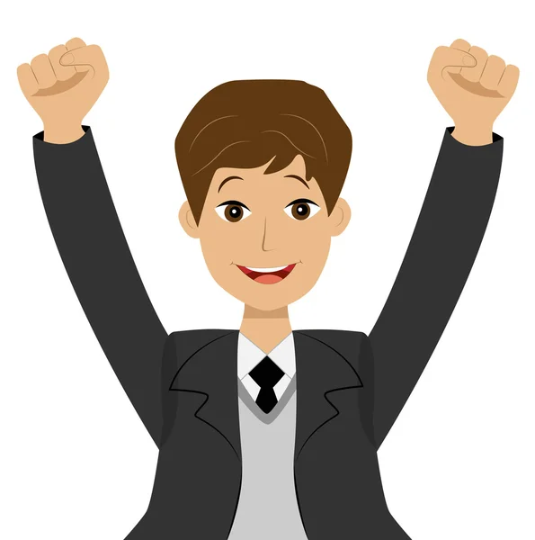 Successful businessman heaving up hands upwards, is glad to vict — Stock Vector