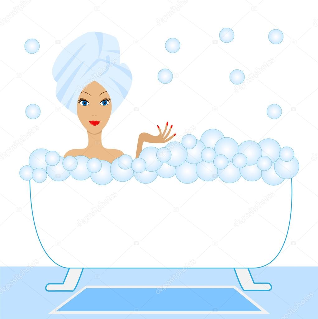 young woman take a bath with foam