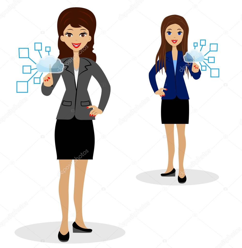 two business women press index fingers the virtual buttons
