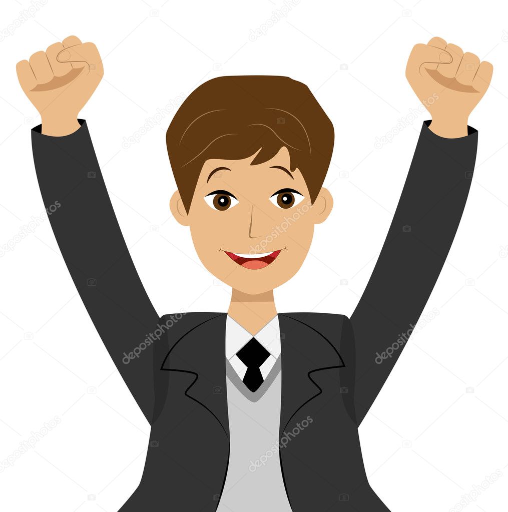 successful businessman heaving up hands upwards, is glad to vict