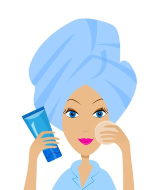 Havlu kafa ve tüp krem bir genç kadın