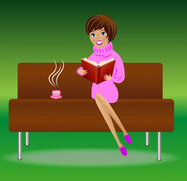 Ung kvinna med bok och kopp te sitta på soffan — Stock vektor