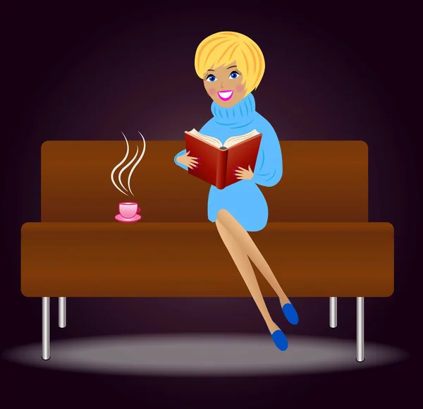 Mujer joven con libro y taza de té sentarse en el sofá — Vector de stock