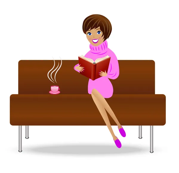 Ung kvinna med bok och kopp te sitta på soffan — Stock vektor