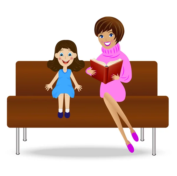 Young woman read book little daughter, sitting on sofa — Stock Vector