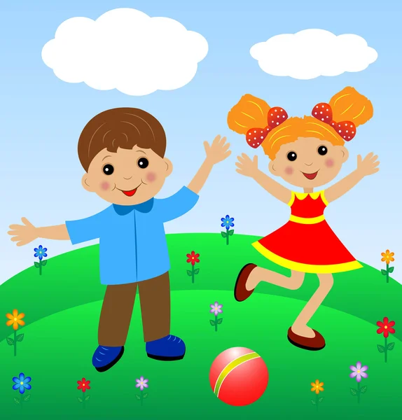 Merry  girl and boy in summer on lawn — Stock Vector