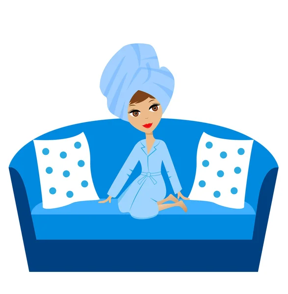 A young woman with a towel on a head sits on a sofa — Stock Vector