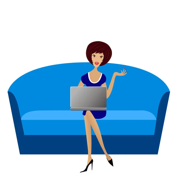 Επιχειρηματική νεαρή γυναίκα με το σημειωματάριο κάθονται στον καναπέ — Διανυσματικό Αρχείο