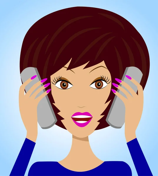 Ділова жінка емоційно говорить по двох телефонах — стоковий вектор